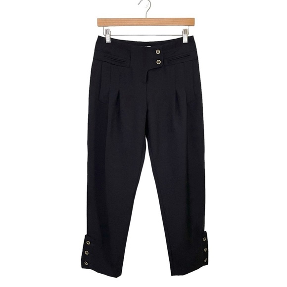 Mayle Vintage Silk Pleat Front Button Hem Cropped Ankle Pant Black 4 - Picture 1 of 13